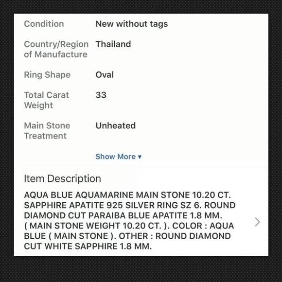 Genuine AQUAMARINE 10.20 CT. 925SILVER RING SZ 6 - Picture 3 of 5